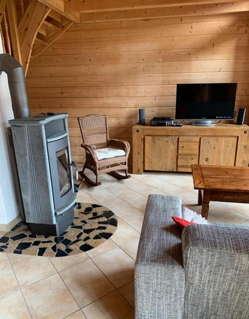 Blockhaus Willingen Wohnraum mit Kamin